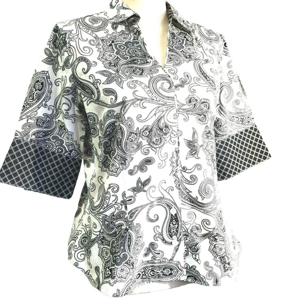 Coldwater Creek Top Size PM Black & White Paisley Check Classic Tailored Look